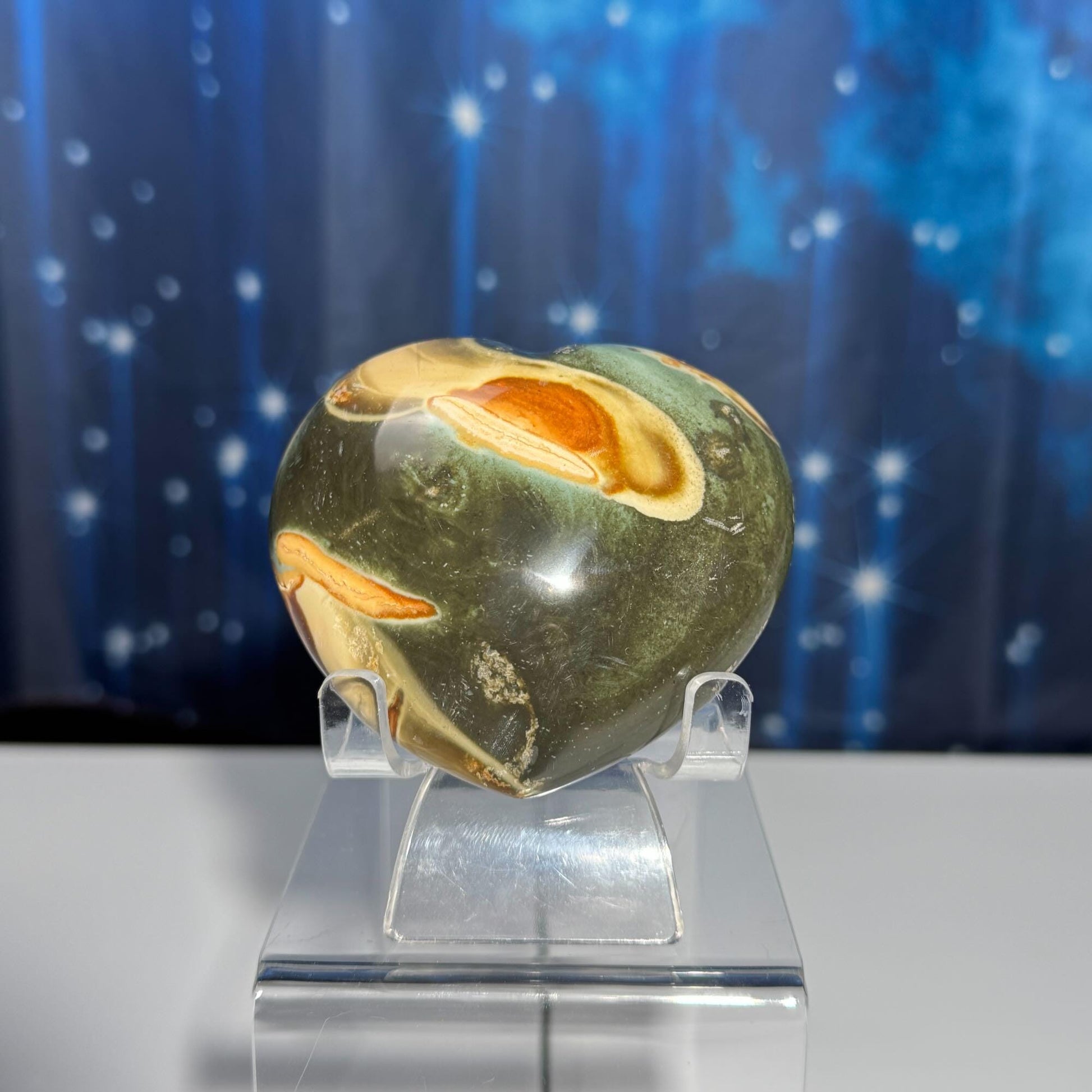 Polychrome Jasper heart | 2 3/4” tall | 301 grams | Damage Discount | stand included | Desert Jasper
