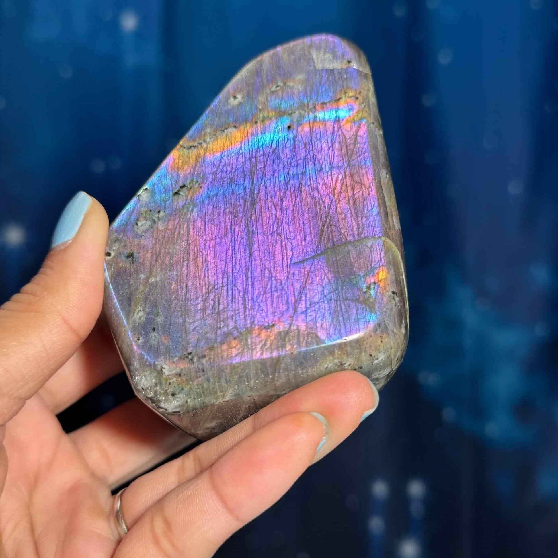 Labradorite free form | 4 1/8" long | 499 grams | dual flash | purple flash | pink flash | orange flash | blue flash