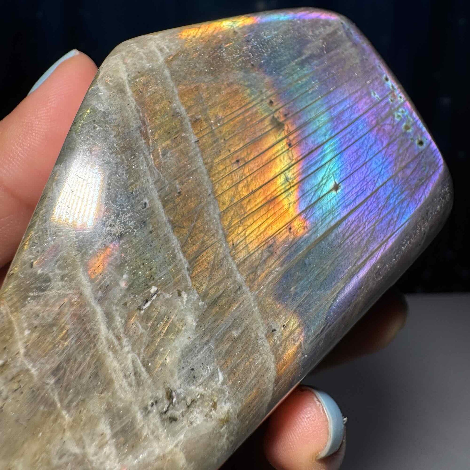 Labradorite free form | 4 1/8" long | 499 grams | dual flash | purple flash | pink flash | orange flash | blue flash