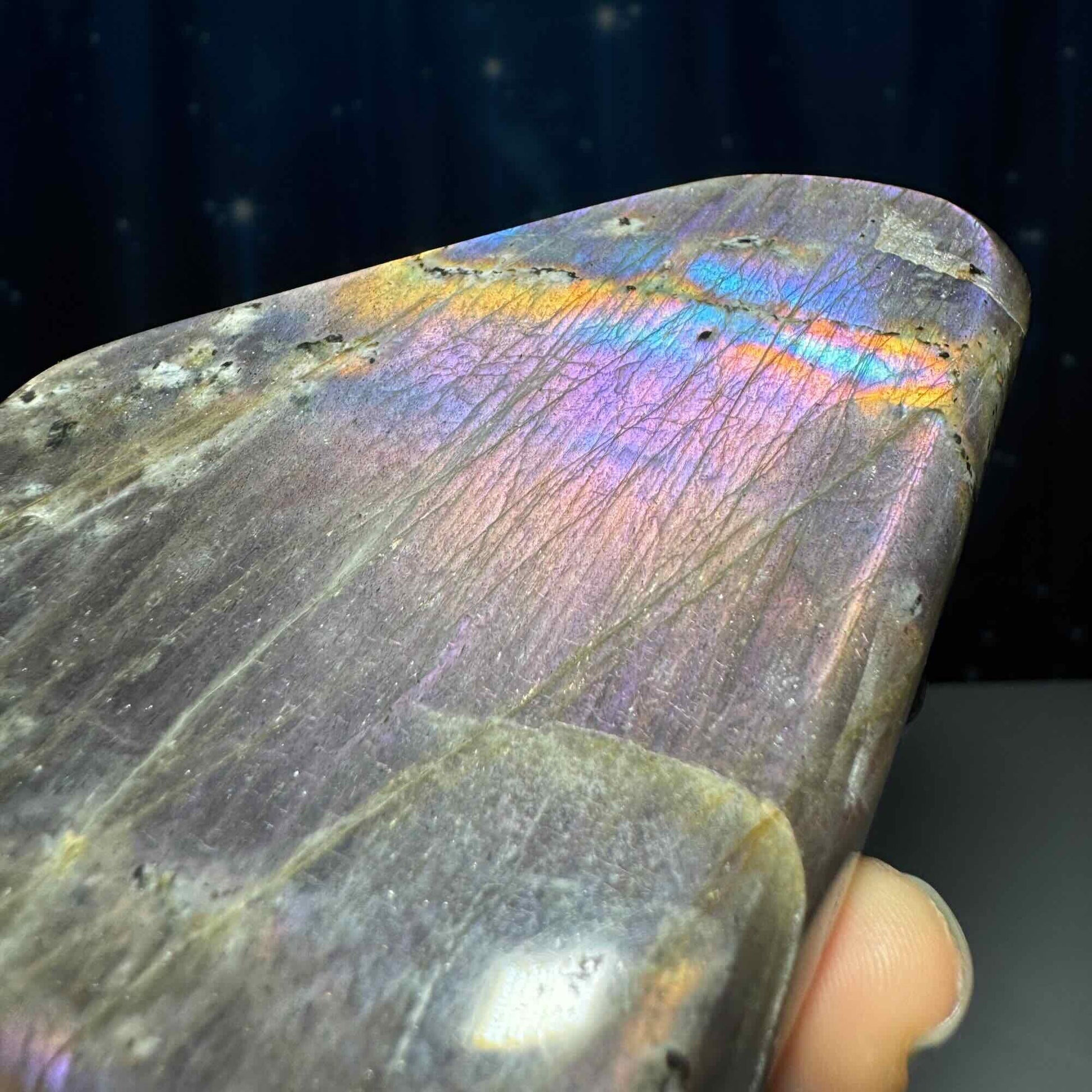 Labradorite free form | 4 1/8" long | 499 grams | dual flash | purple flash | pink flash | orange flash | blue flash