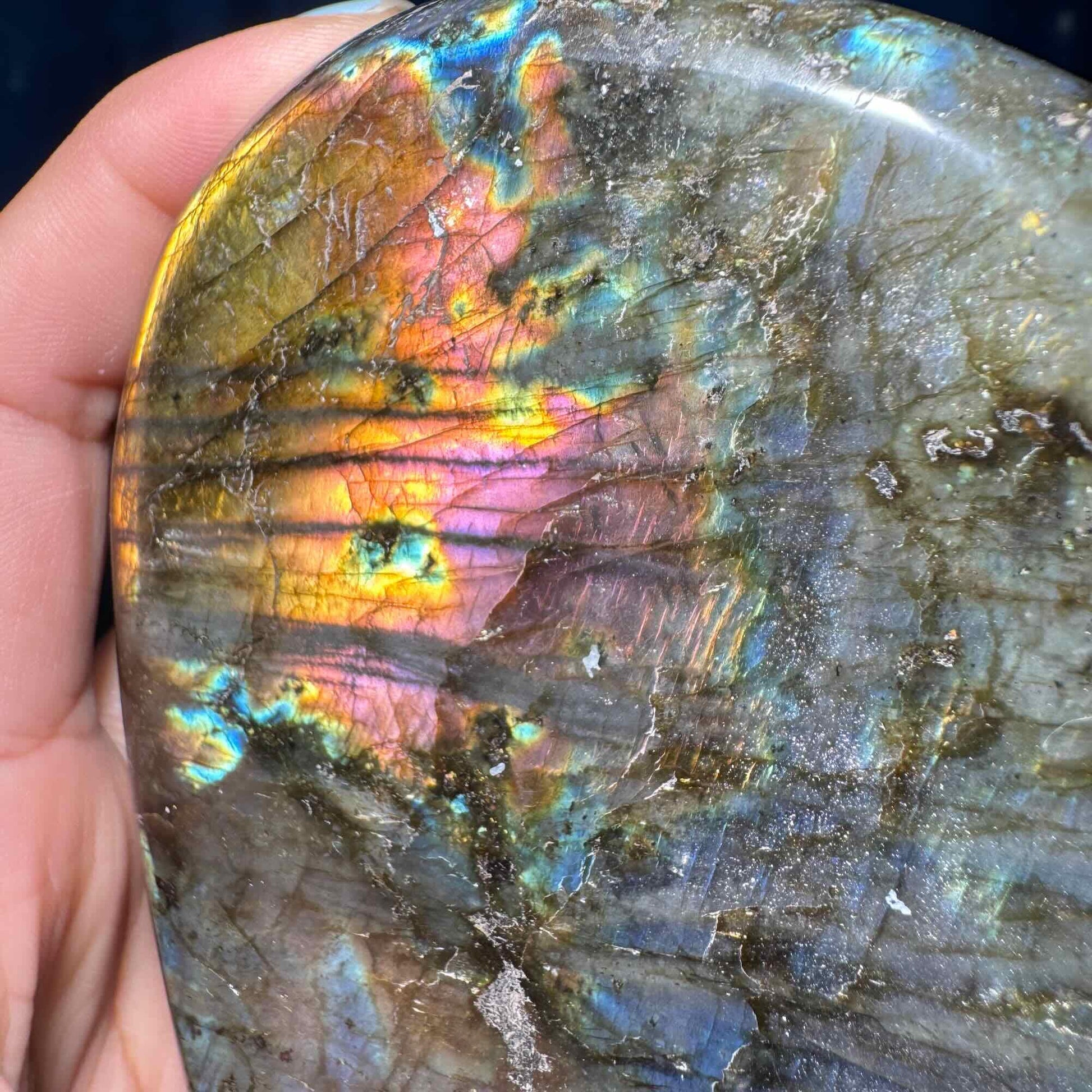 Labradorite free form | 3 3/4" long | 842 grams | dual flash | purple flash | pink flash | orange flash | blue flash yellow flash