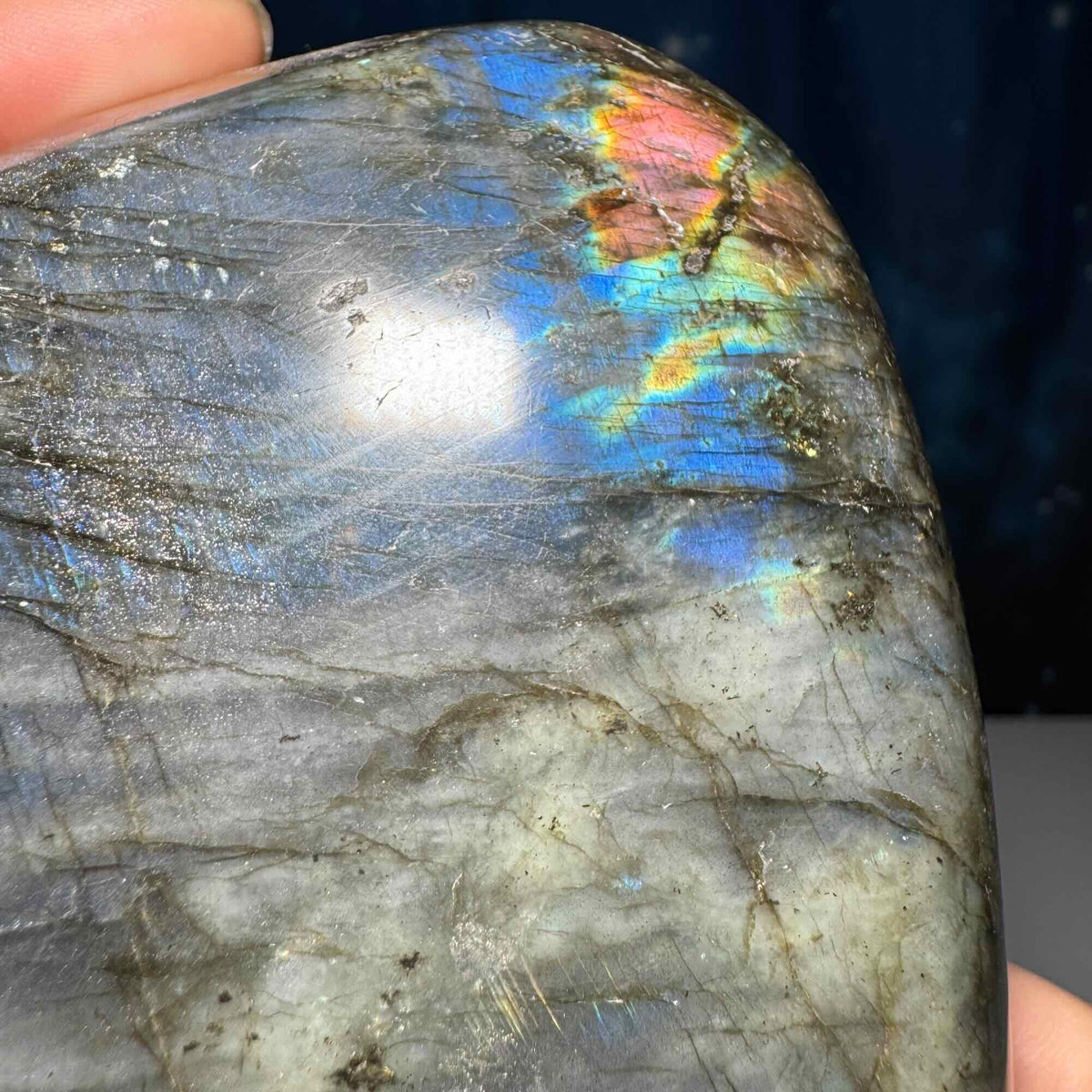 Labradorite free form | 3 3/4" long | 842 grams | dual flash | purple flash | pink flash | orange flash | blue flash yellow flash