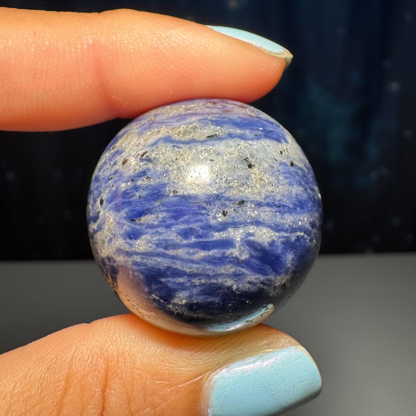mini Sodalite sphere | 31mm | 45 grams | one (1) crown stand included | low quality discount