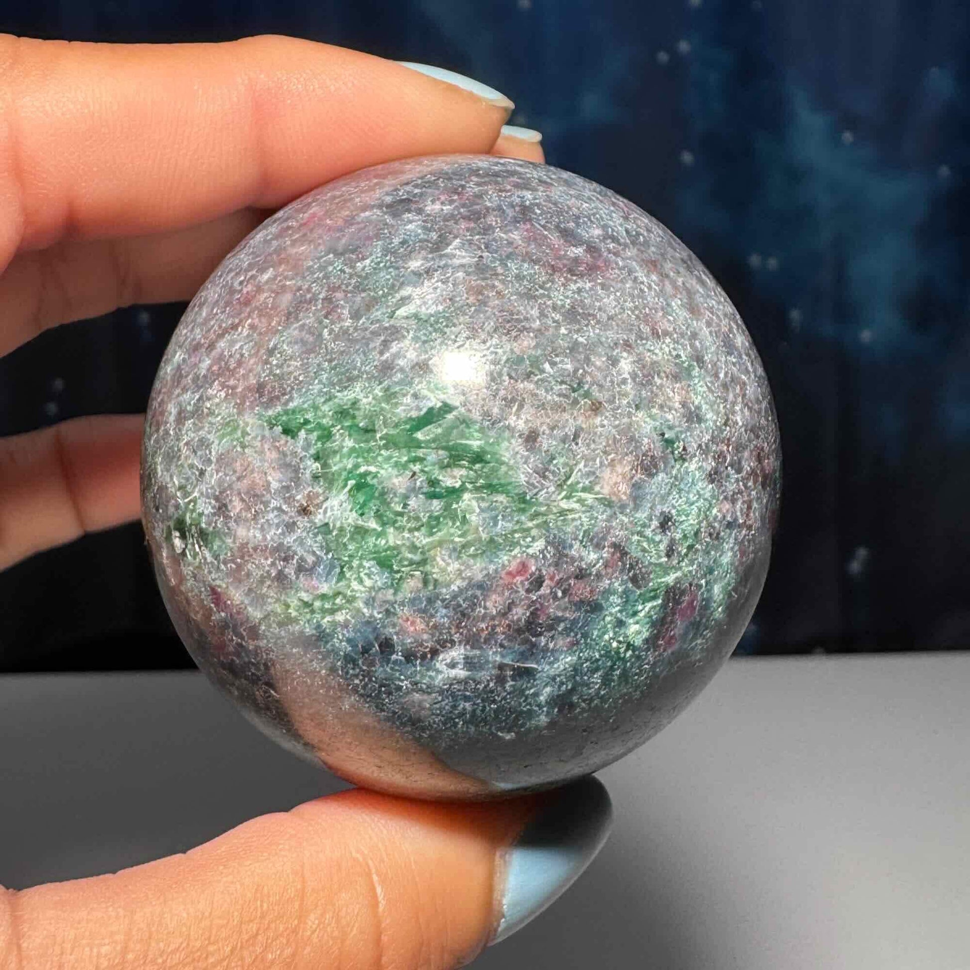 Ruby in Kyanite with Fuchsite sphere | 54mm | 306 grams | UV reactive | stand included