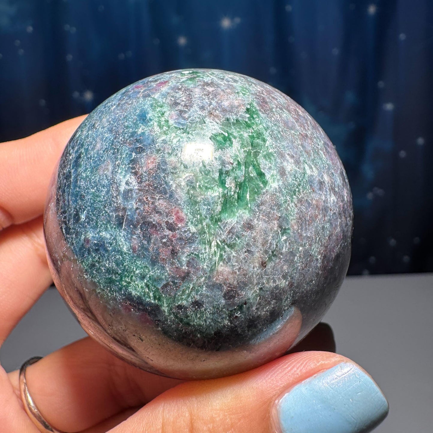 Ruby in Kyanite with Fuchsite sphere | 54mm | 306 grams | UV reactive | stand included