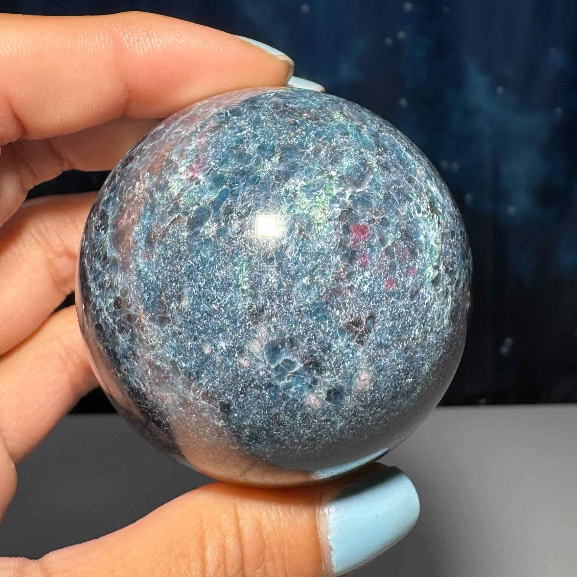 Ruby in Kyanite with Fuchsite sphere | 54mm | 314 grams | UV reactive | stand included