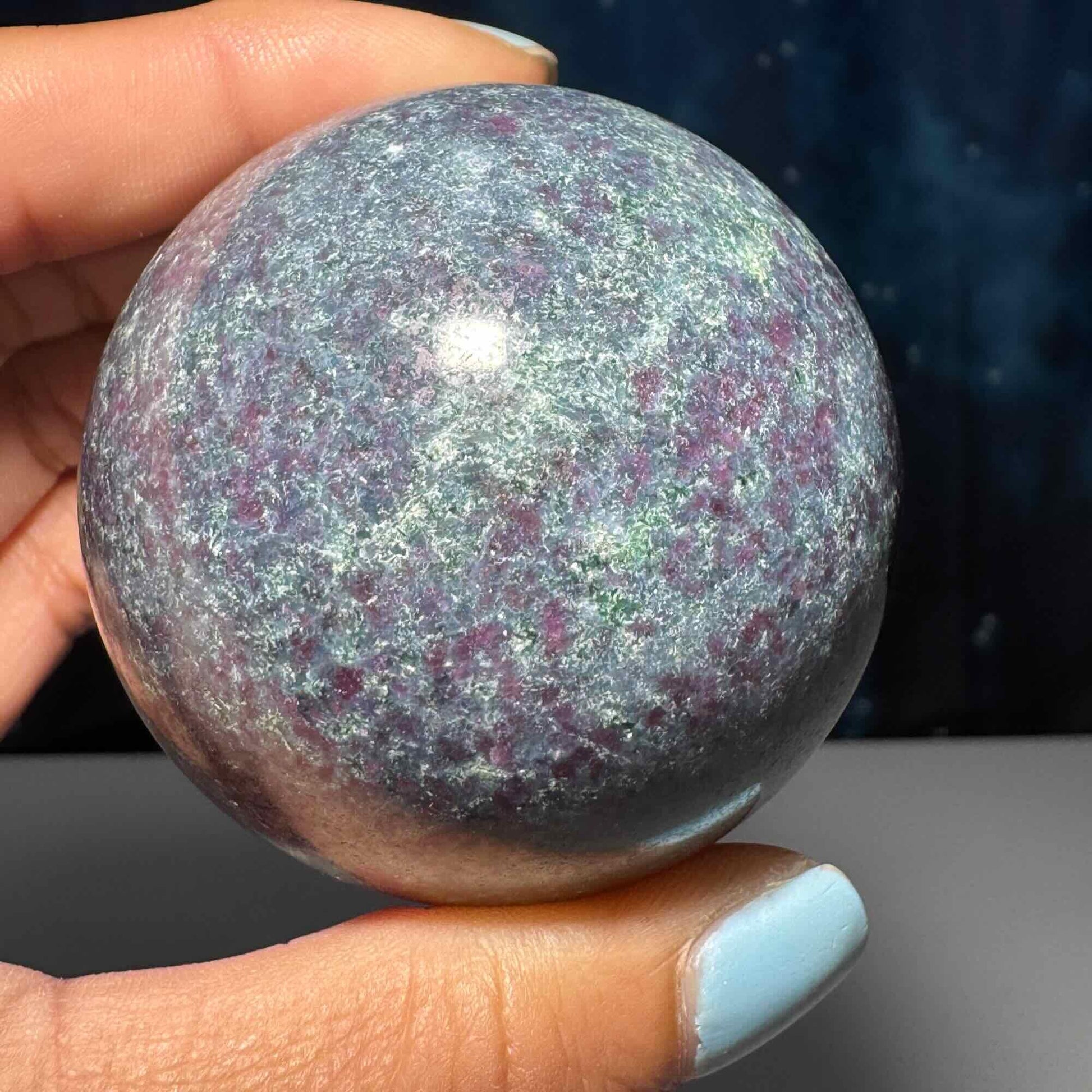 Ruby in Kyanite with Fuchsite sphere | 55mm | 326 grams | UV reactive | stand included