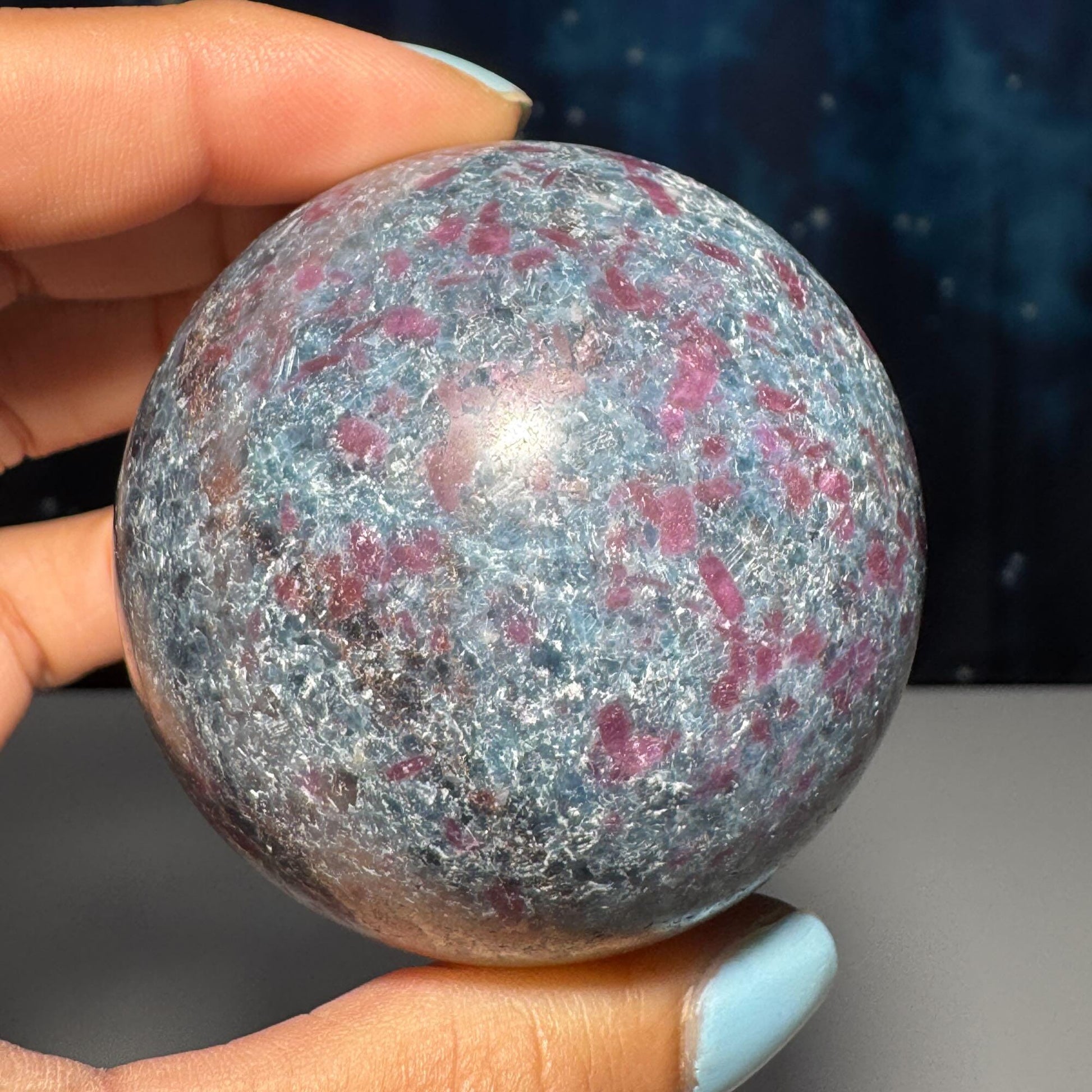 Ruby in Kyanite with Fuchsite sphere | 56mm | 349 grams | UV reactive | stand included