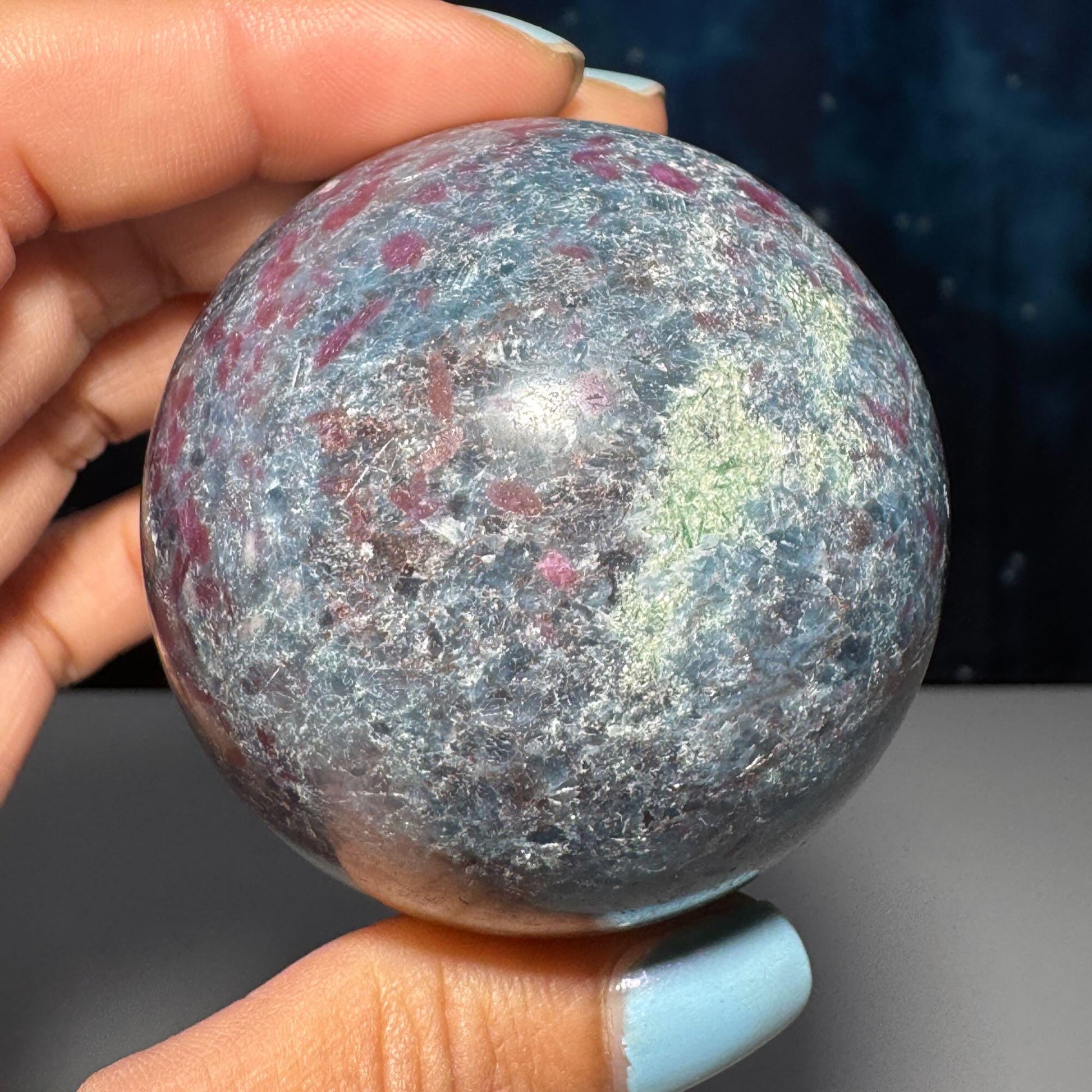 Ruby in Kyanite with Fuchsite sphere | 56mm | 349 grams | UV reactive | stand included