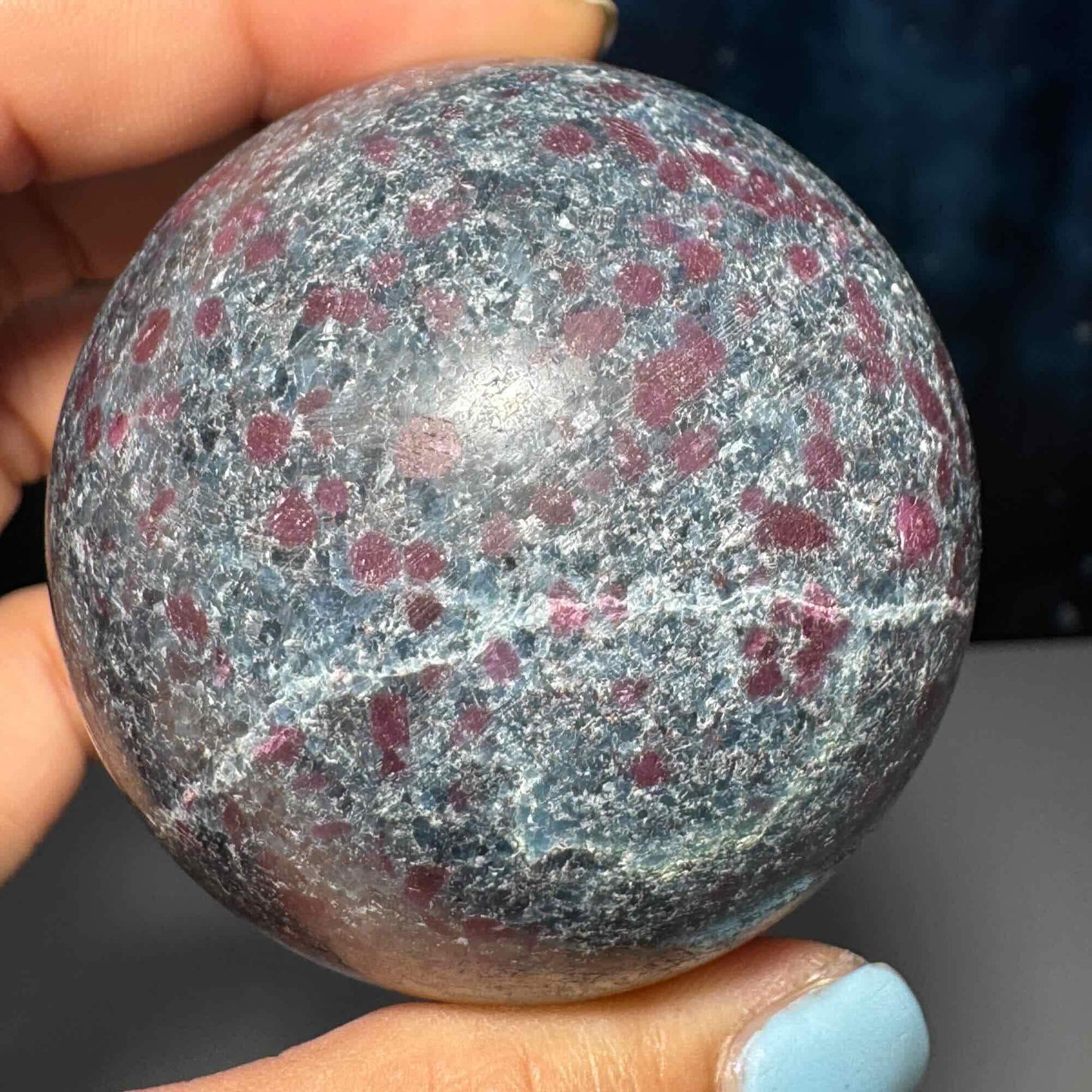 Ruby in Kyanite with Fuchsite sphere | 57mm | 357 grams | UV reactive | stand included