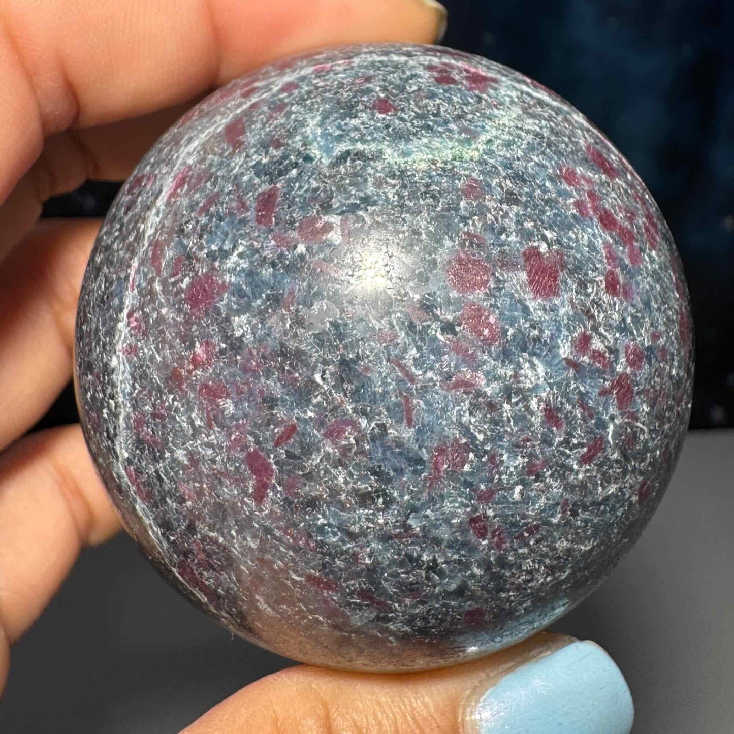 Ruby in Kyanite with Fuchsite sphere | 57mm | 357 grams | UV reactive | stand included