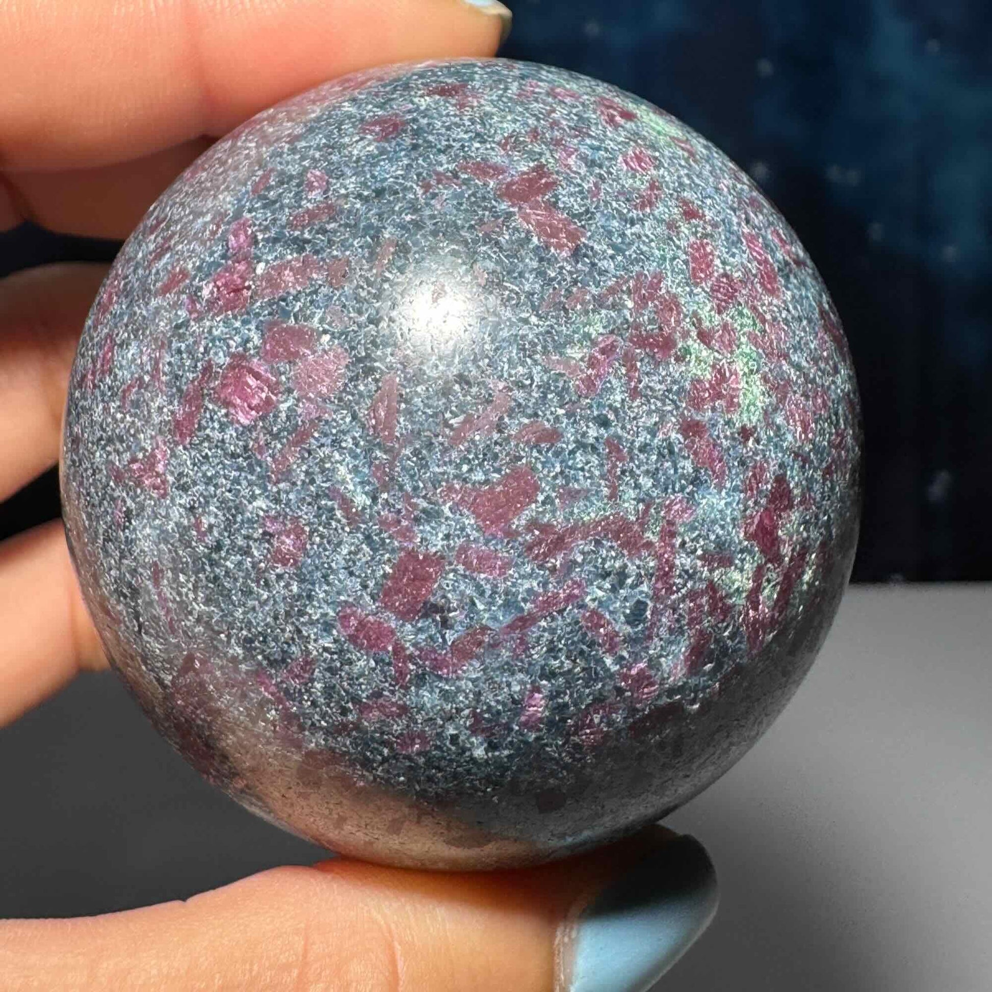 Ruby in Kyanite with Fuchsite sphere | 57mm | 371 grams | UV reactive | stand included