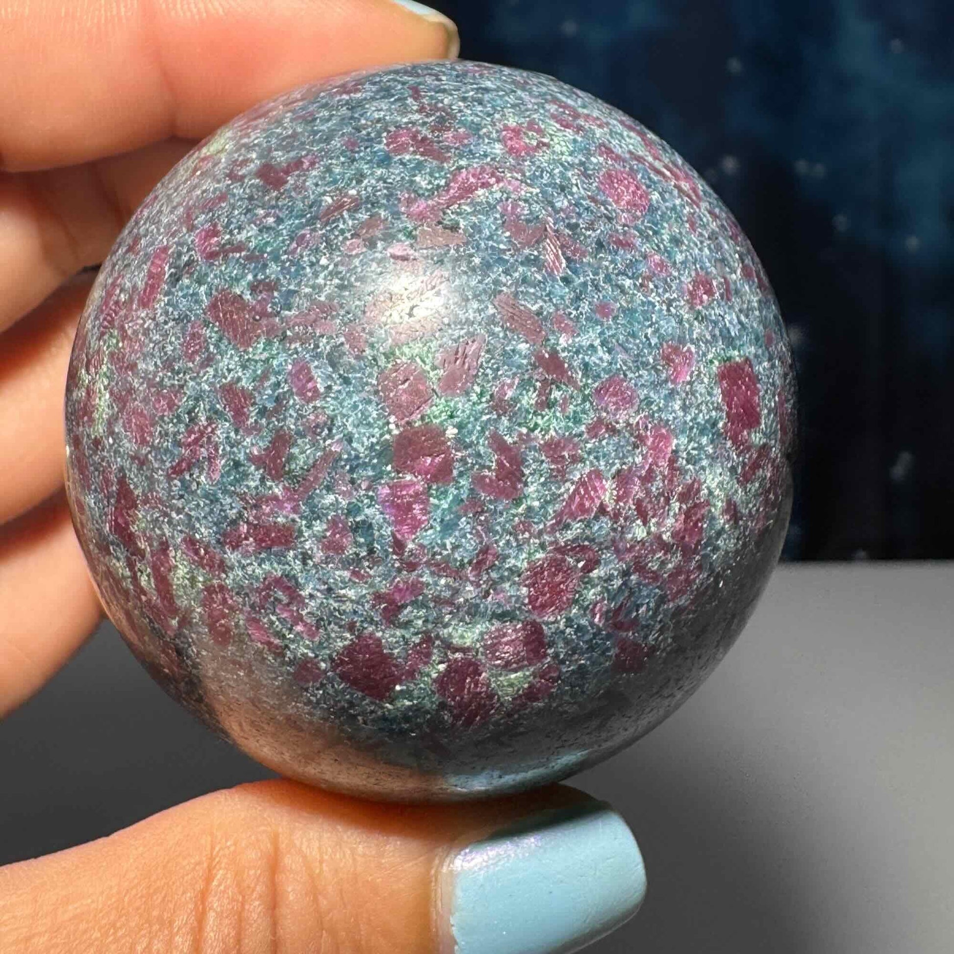 Ruby in Kyanite with Fuchsite sphere | 57mm | 371 grams | UV reactive | stand included