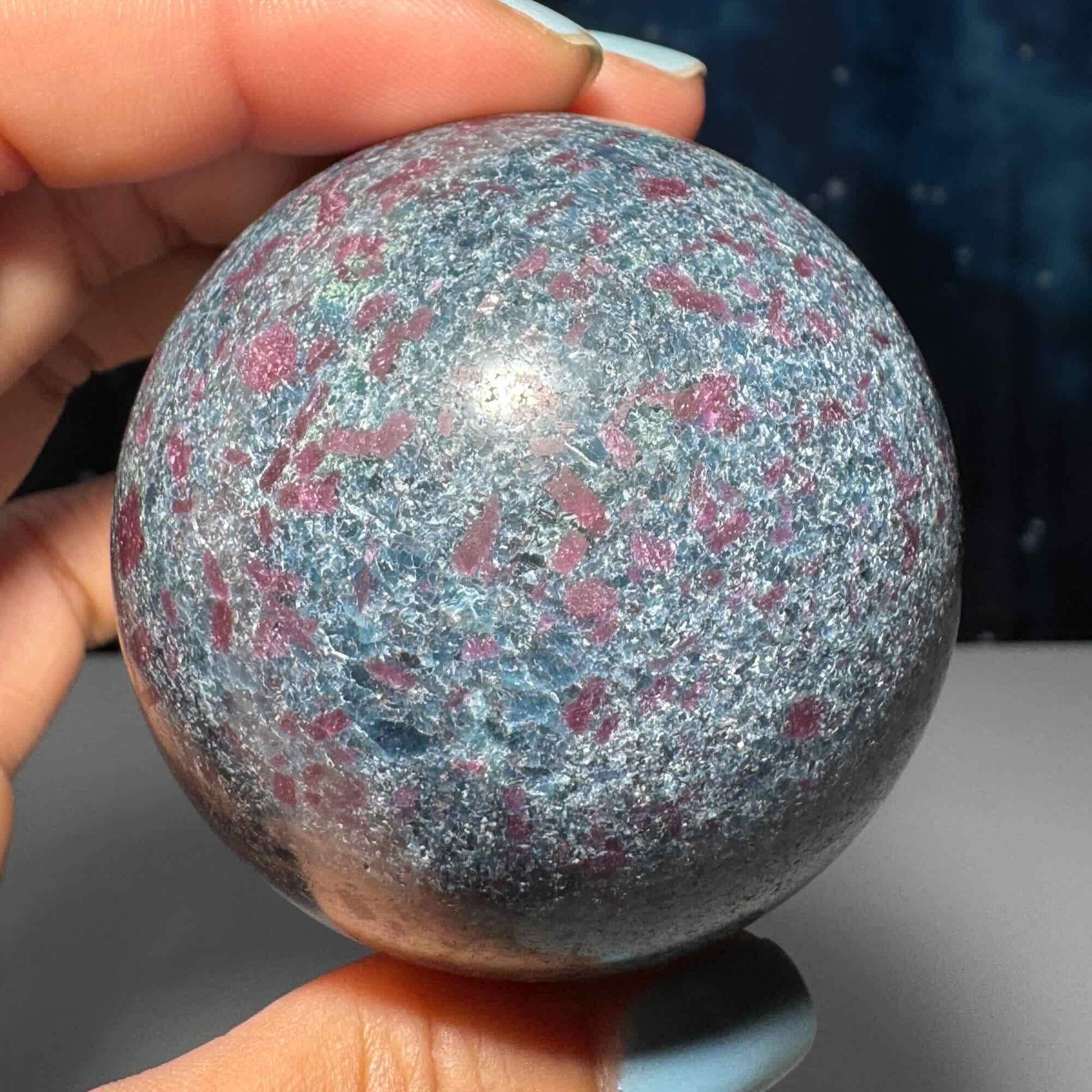 Ruby in Kyanite with Fuchsite sphere | 57mm | 371 grams | UV reactive | stand included