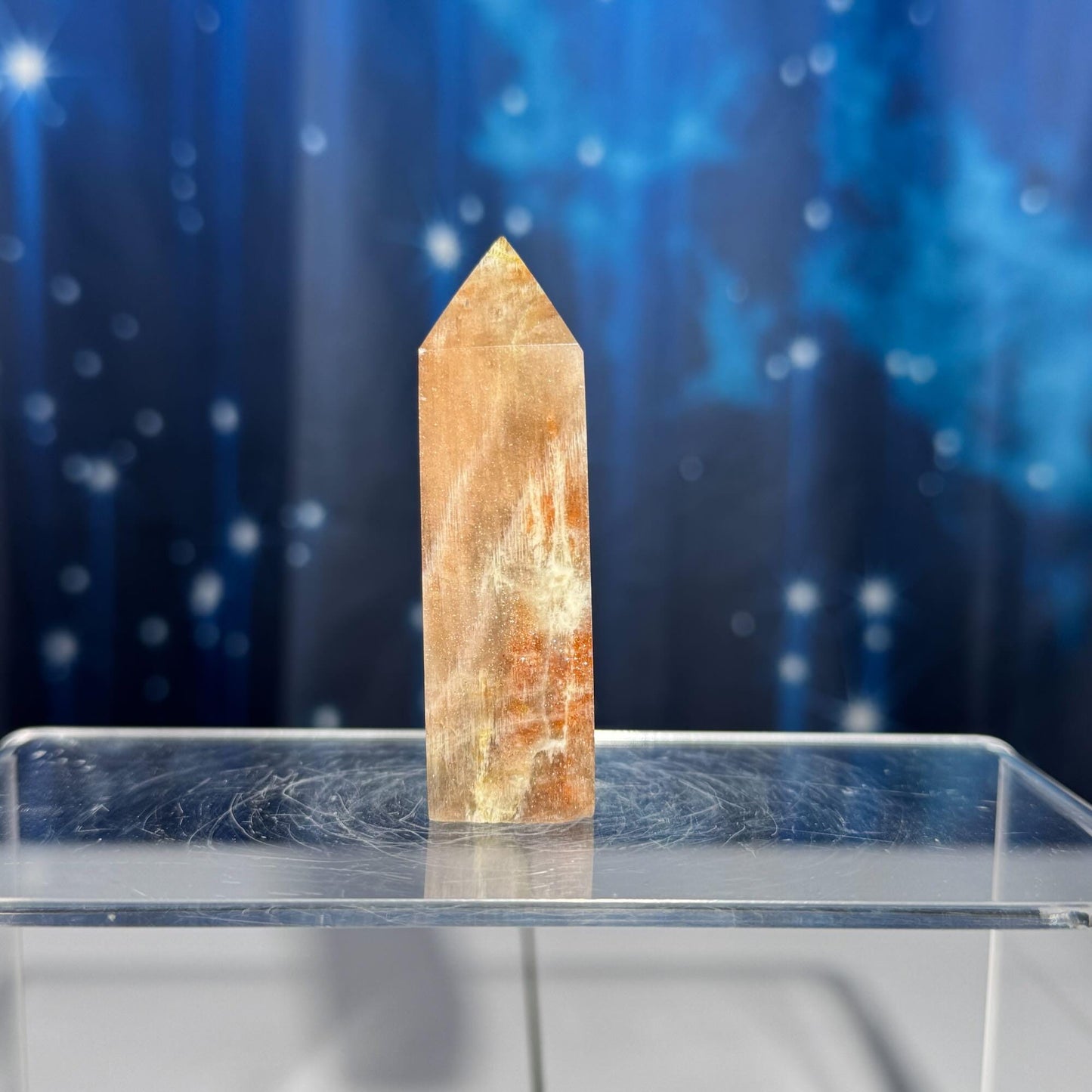 flashy Moonstone with Sunstone | 2 3/4" tall | 88 grams | blue flash moonstone | rainbow Sunstone | dual flash