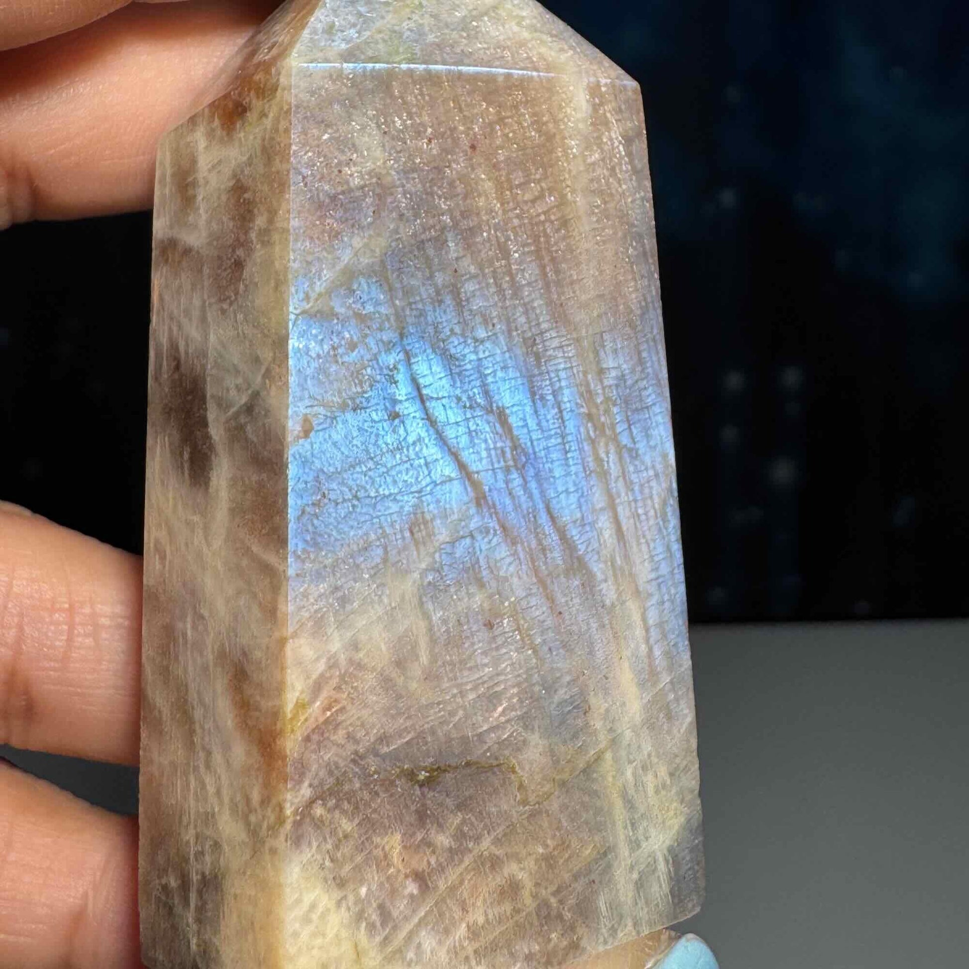 flashy Moonstone with Sunstone | 2 3/4" tall | 88 grams | blue flash moonstone | rainbow Sunstone | dual flash