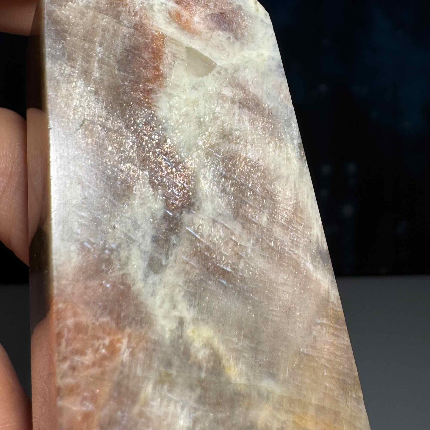 flashy Moonstone with Sunstone | 2 3/4" tall | 88 grams | blue flash moonstone | rainbow Sunstone | dual flash
