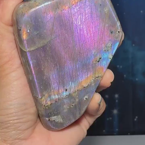 Labradorite free form | 4 1/8" long | 499 grams | dual flash | purple flash | pink flash | orange flash | blue flash