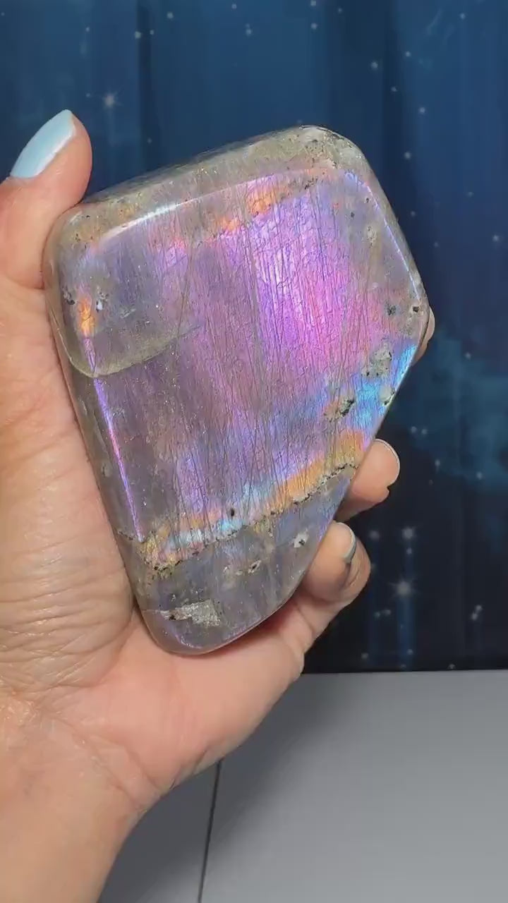 Labradorite free form | 4 1/8" long | 499 grams | dual flash | purple flash | pink flash | orange flash | blue flash