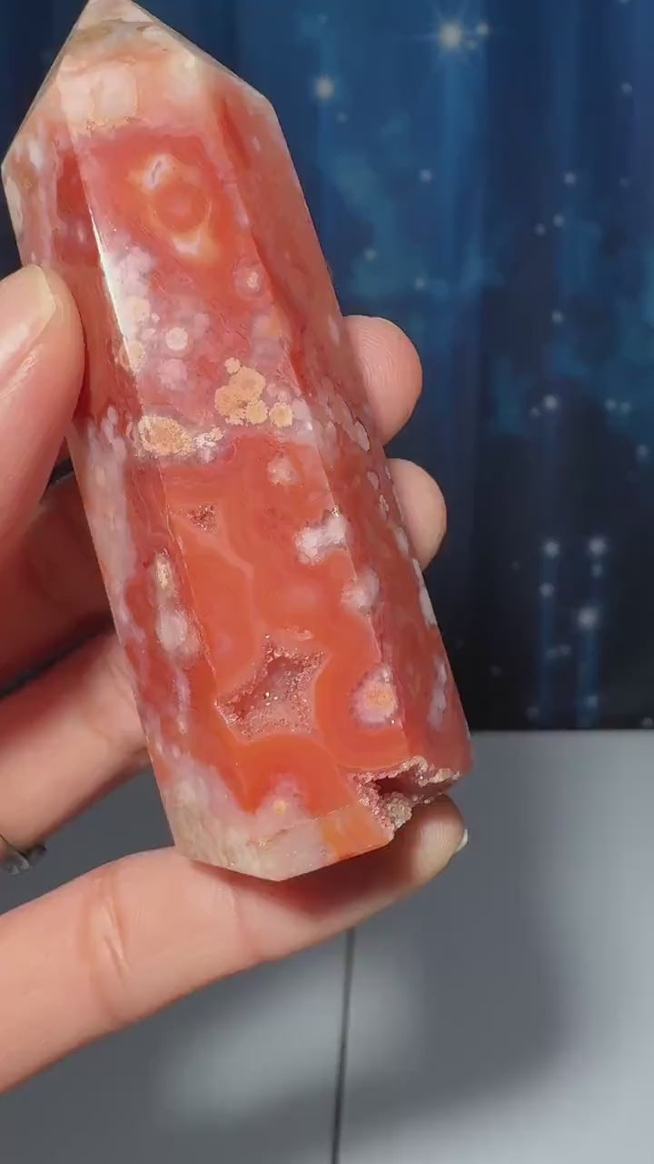 Flower Agate x Carnelian point | 3 1/4” tall | 102 grams | Damage Discount