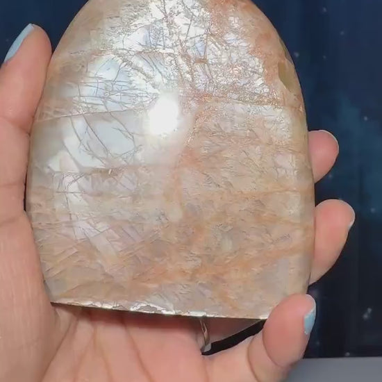 flashy Peach Moonstone free form | 4" tall | 434 grams | dual flash | Damage Discount