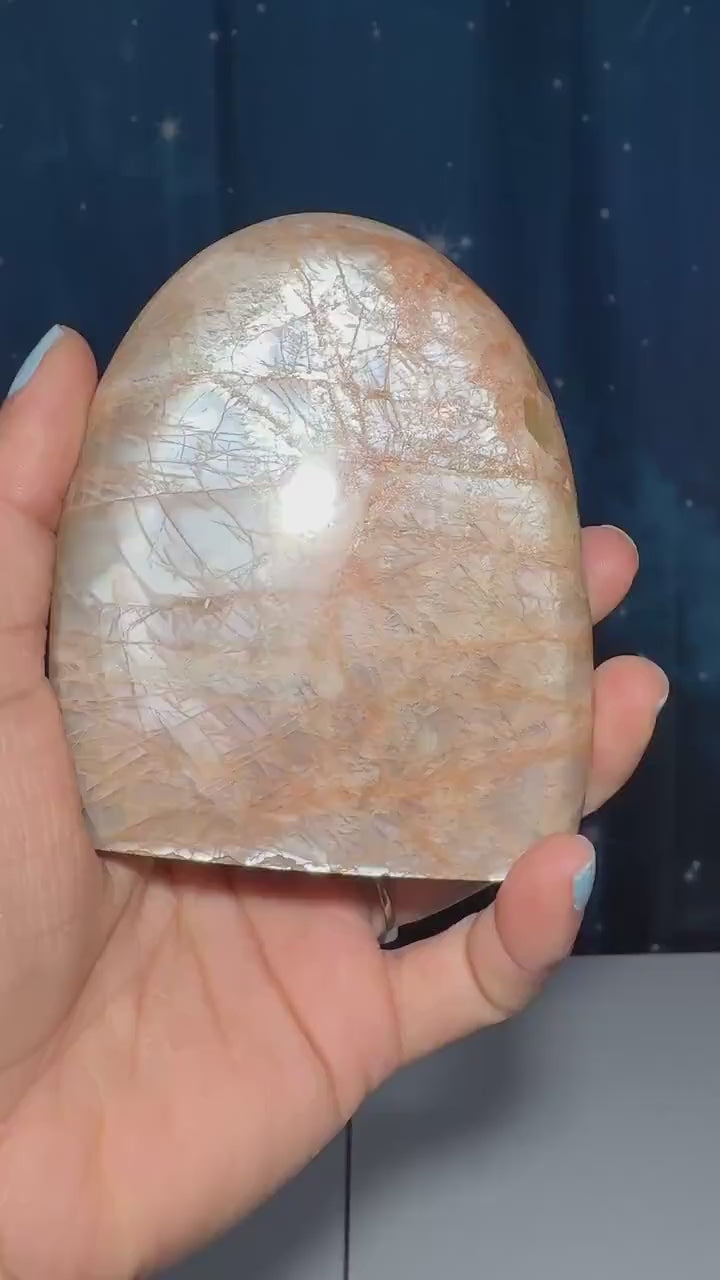 flashy Peach Moonstone free form | 4" tall | 434 grams | dual flash | Damage Discount