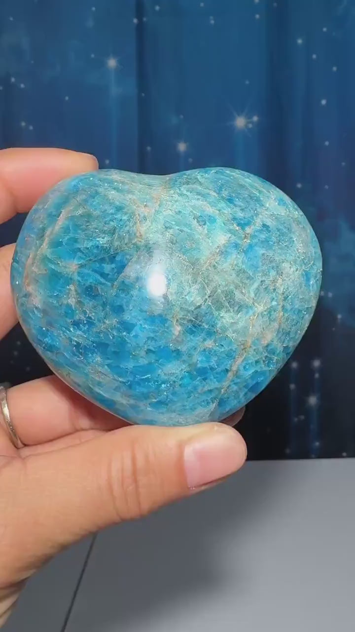 Blue Apatite heart | 3 1/8" wide | 334 grams | stand included | Damage Discount